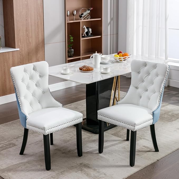 YeahFurn Modern Dining Chairs Set of 4, Tufted Upholstered Dining Room Chairs with Nailhead, PU Leather Front & Velvet Back, Solid Wood Legs, Kitchen Chairs, Sillas de Comedor (White & Light Blue)