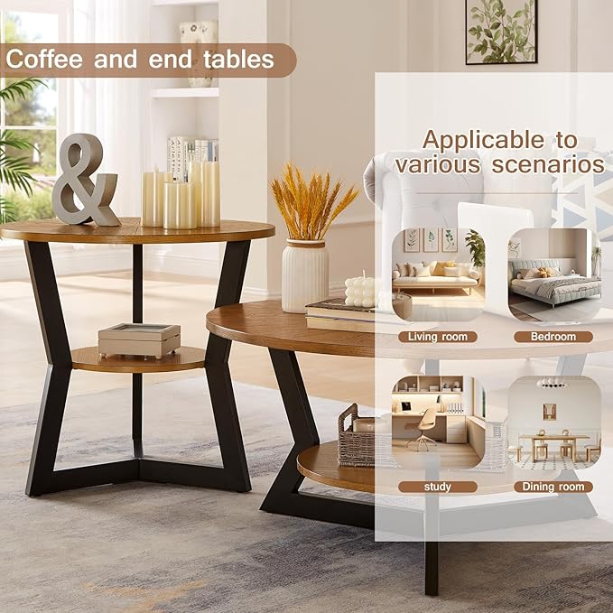 Round Coffee Tables for Living Room, 2-Tier Modern Circle Center Table with Storage, Wood Sofa Table with Metal Frame，35'x 17' Inches，Easy Assembly，Walnut