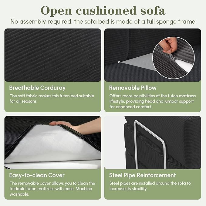 4-in-1 Convertible Sofa Bed, 78 Inch Corduroy Loveseat Sleeper with Pull-Out Bed, Boneless Fixed-Frame Floor Futon for Living Room