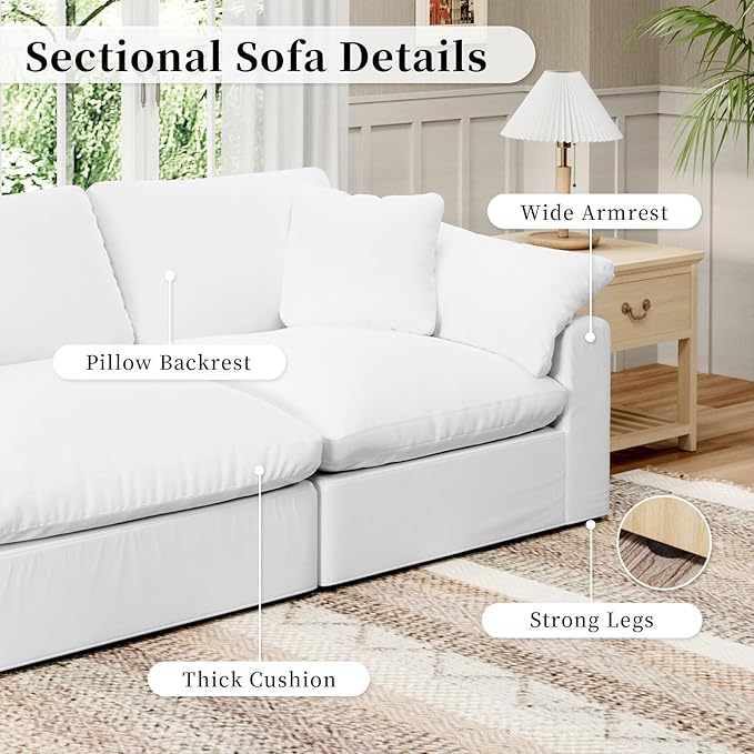 Forest aesthetics Modular Sectional Sofa Cloud Couch,Down Filled Comfy Cloud Modern Sofa,White Linen L Shape Oversized Couch Cushion Covers Removable Furniture for Living Room