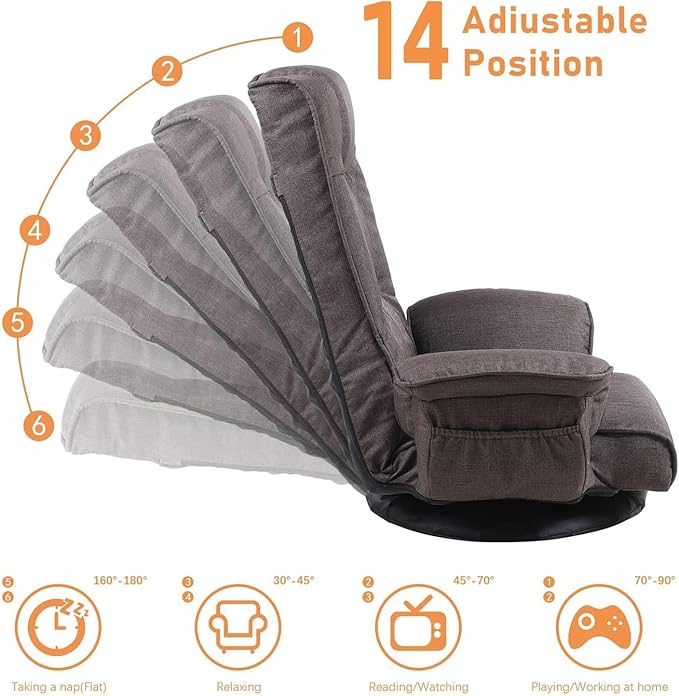 FLOGUOR 360 Swivel Gaming Chair 14-Position Adjustable Folding Floor Sofa with Armrests Lounger Bed for Home & Living Room Chaise Lounge Indoor for Adults QL201CO