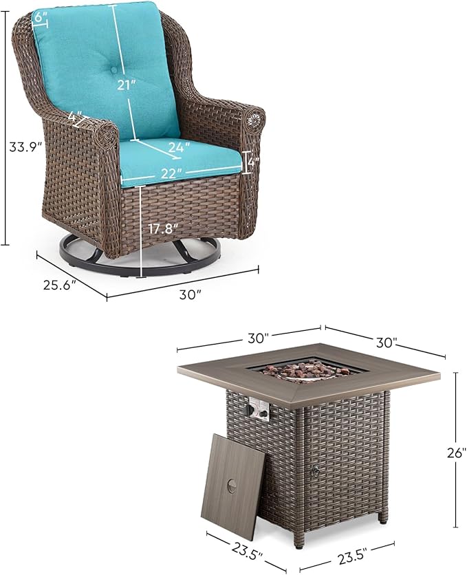 ACTREST Outdoor Patio Swivel Gliders with Fire Pit Table 5 Piece Set - High Back Brown Wicker Rattan Rocking Chair with Thick Cushion for Porch Apartment Deck Yard Poolside Garden - Turquoise