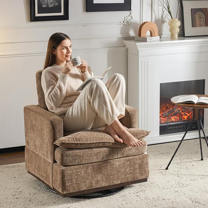 VINGLI Mid-Century Modern Single Swivel Armchair, 360° Swivel, Double-Layer Seat Cushions, Upholstered Square Club Chair for Living Room, Bedroom, Reading Room, Khaki Chenille