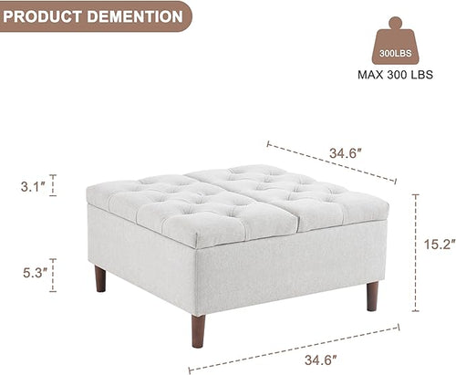 35 Inch Extra Large Storage Ottoman Coffee Table, No Assembly Required, Oversized Square Ottoman with Storage, Tufted Upholstered Ottomans Coffee Table for Living Room (Fabric, Light Grey)