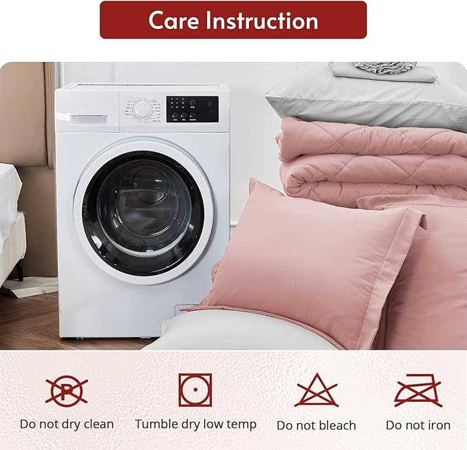 MUXHOMO 7 Pieces Queen Comforter Set, Reversible Bed in a Bag Queen Size, All Season Bedding Set with Comforter, Flat Sheet, Fitted Sheet, Pillowcases & Shams, Pink & Light Grey