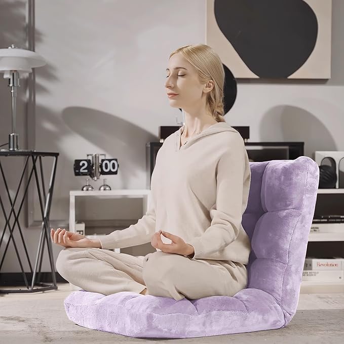 S AFSTAR Cushioned Floor Chair, 14-Position Adjustable Padded Lazy Recliner with Comfortable Back Support and Skin-Friendly Cover, Great for Reading, Playing Game, Meditating (Light Purple)