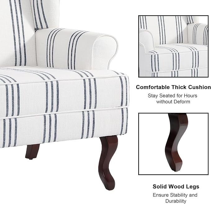 DREAMSIDEA Accent Chair, High Back Upholstered Armchair with High Resilience Sponge & Wood Legs, Mid-Century Modern Comfy Single Sofa Reading Chairs for Living Room, Bedroom - Stripe Navy, Set of 1