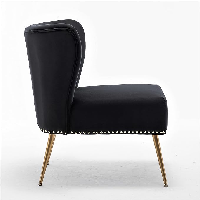 Container Furniture Direct Thia Armless Velvet Accent Chair for Living Room, Elegant Seat with Nailhead Trim, Gold Metal Legs and Comfortable Curved Back, 28" D x 25" W x 29.5" H, Black
