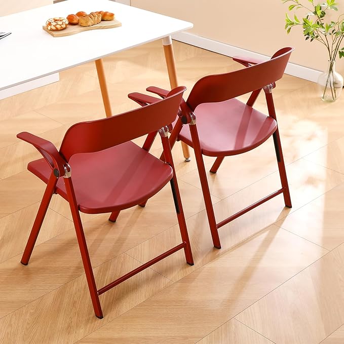 Office Chair Adjustable Arms, Plastic Folding Chairs for Outside, Collapsible Dining Chairs, Portable Foldable Chair for Indoor, Outdoor, Wedding, Party, Office, Balcony, Garden (Red, 2Pack)