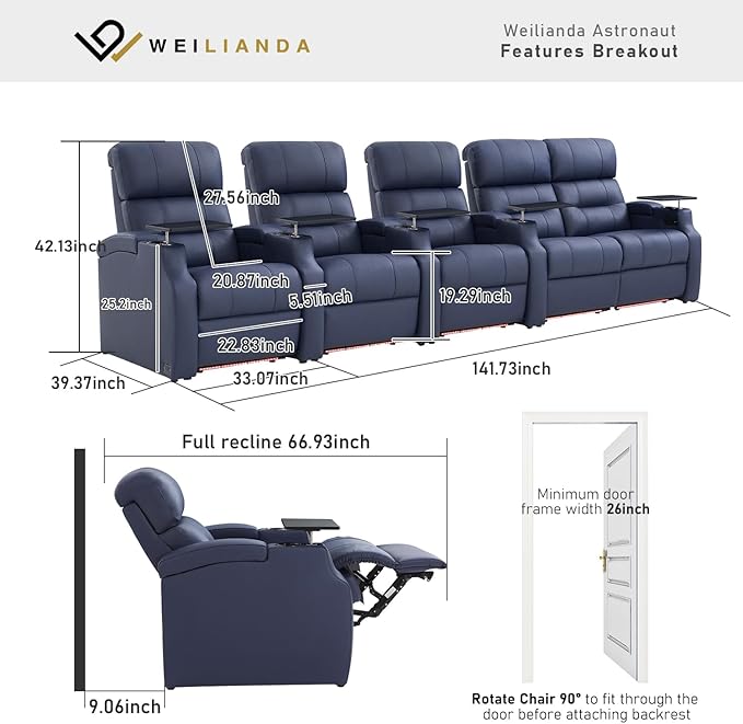 Weilianda Home Theater Seating, Top Grain Leather Sectional Seats Recliner Chair, Zero Gravity Reclining Sofa with Power Headrest 7 Colors Ambient Lighting USB C Charge Row of 5 Loveseat Right Blue