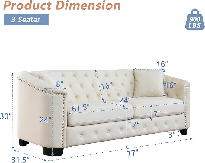 mikibama Modern Chesterfield Velvet Sofa, 77'' Sectional Sofa, Luxury 3 Seater Upholstered Tufted Couch with Nailhead Arms and 2 Pillows for Living Room, Bedroom, Apartment(Beige)