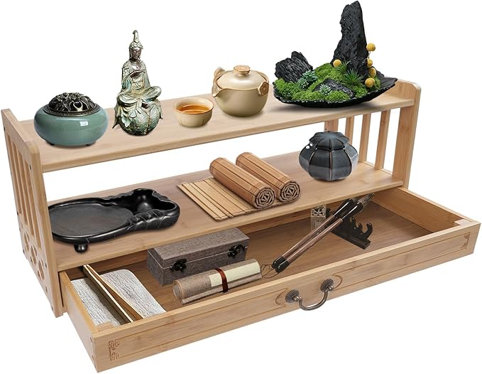 Floor Table Low 2-Tier Meditation Altar Table with Drawers Bamboo Coffee Table Desktop Organizer for Japanese Tatami Chinese Asia, Prayers, Displaying Jars/Plants/Books-27.2*9.8*11in (Nature Color)