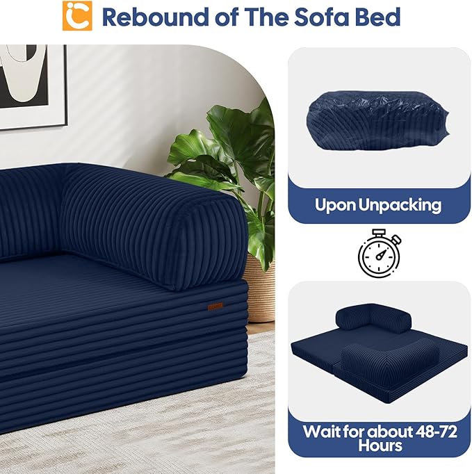 COMAX Futon Sofa Bed, 4-in-1 Floor Foldable Sofa Couch Bed Queen with L-Shaped Armrests, Convertible Folding Chair Bed Sleeper Mattress Fold Out Comfy Lounge for Living Room Bedroom, Faux Fur Navy