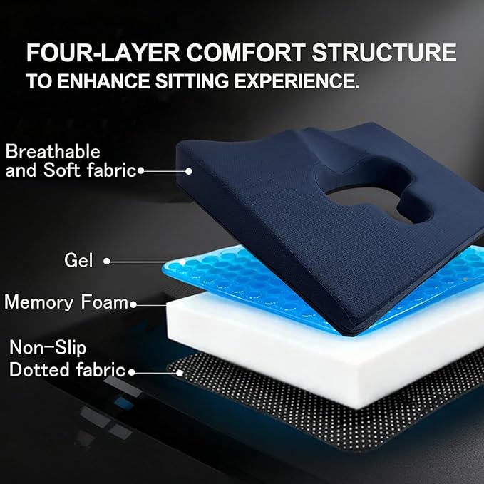 Rivquvi Gel Wheelchair Seat Cushion,Bed Sore Cushions for Butt,hemorrhoid pillow for Chair,Pressure Sore cushion,Memory Foam Butt Pillow,Sciatica,Coccyx,Pressure Ulcer Pain Relief,Washable Cover(Blue)