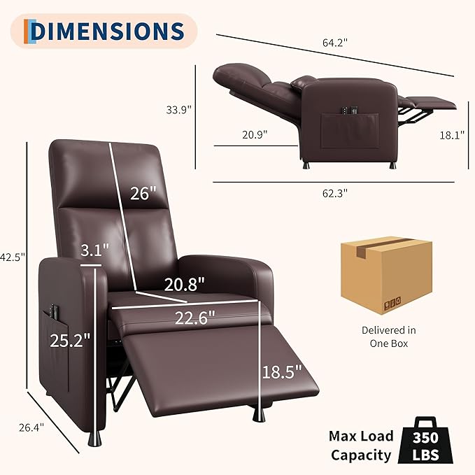 GarveeHome Power Recliner Chair - Heat and Massage, Adjustable Electric Recliner Ergonomic PU Leather Single Sofa, Tall Back, Padded Seat, Home Theater Seating for Living Room