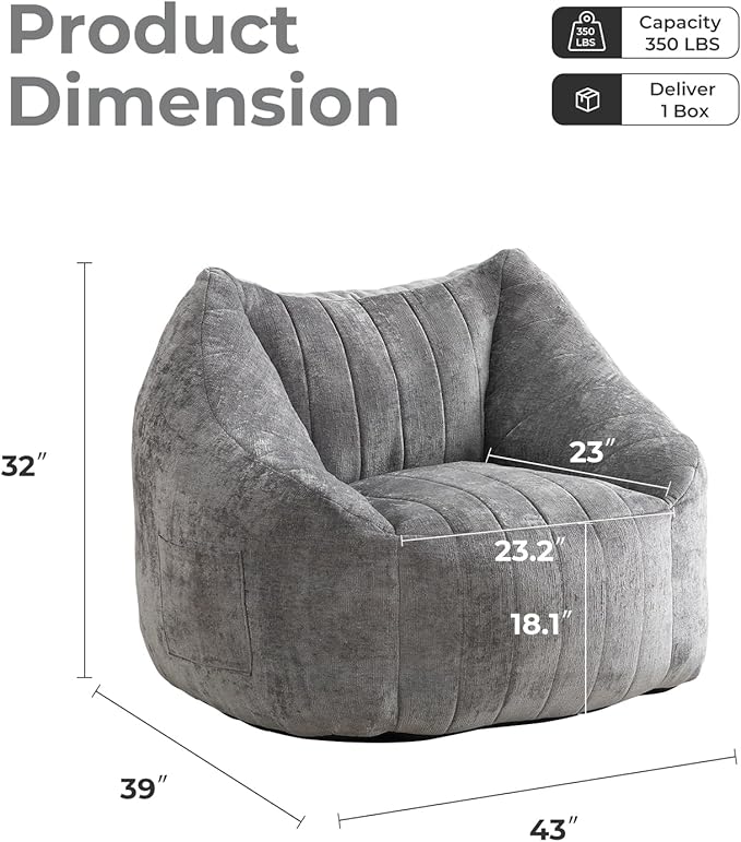 Giant Bean Bag Chair for Adults,Oversized Bean Bag with Filling Plush Fluffy,BeanBag Floor Sofa Chair with with Back Support for Living Room, Bedroom, Reading,Grey