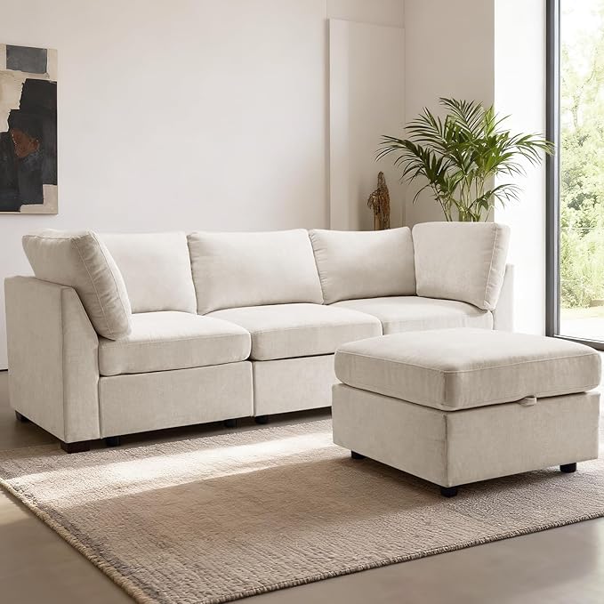 EDILLY 94 inches Oversized Modular Sectional Fabric Cloud Sofa Set, Extra Large L Shaped Couch Reversible Chaise Couch,3 Seat Modular Sofa with Storage Ottoman, Beige