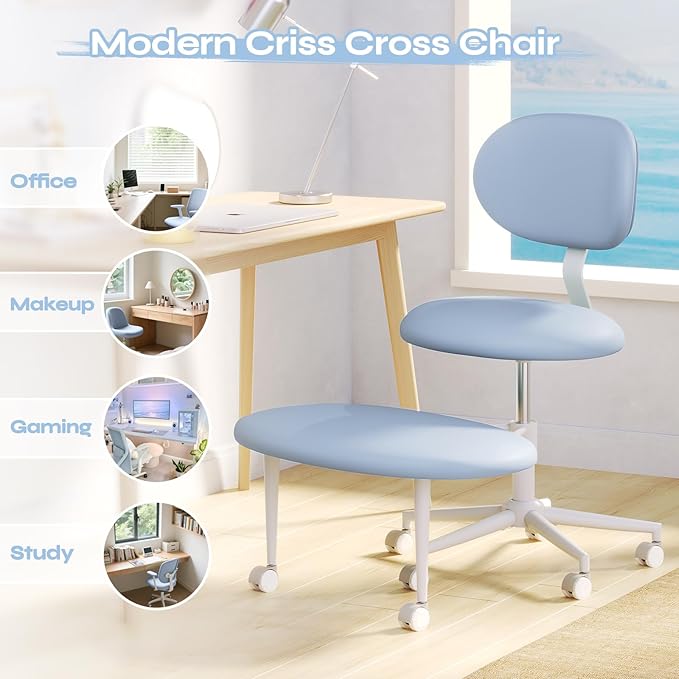 Pinmoco Ergonomic Cross Legged Office Chair with Wheels, ADHD Chair for Adults, Meditation Chair, Yoga Office Chair, Comfortable Back Support, Height Adjustable,Small Spaces, PU Leather, Blue