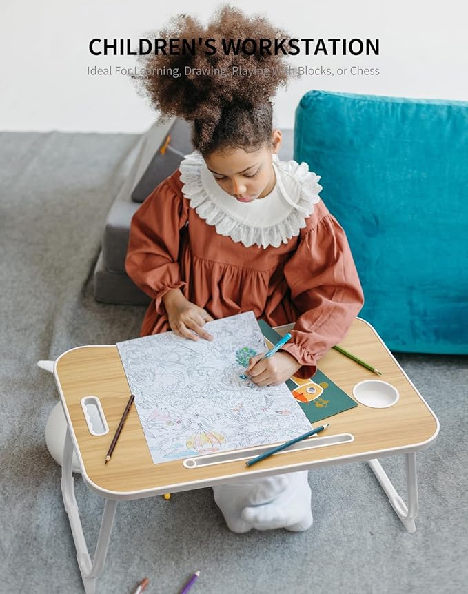 ZEAPTAC Laptop Bed Desk, Foldable Lap Desk, Portable Lap Table, Laptop Stand with Cup Holder & Tablet Slot & Lifting Handle for Working Writing Drawing & Eating - Wood