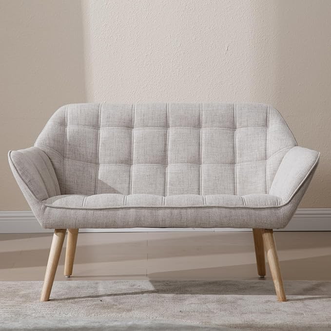 48" Small Loveseat Sofa, Mid Century Modern Linen Love Seat with Wood Legs 2-Seat Sofa Couch Tufted Wingback Upholstered Sofa Chair for Living Room Bedroom Apartment, Beige