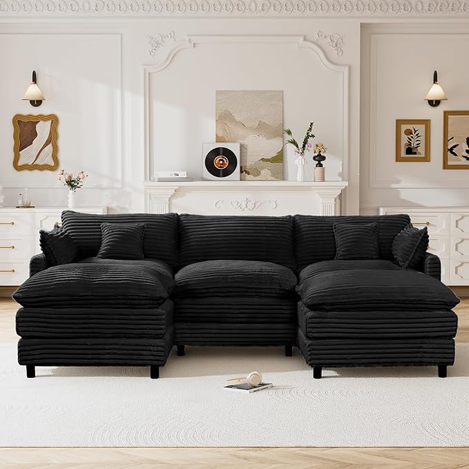 HYJT-H&K 108" U Shaped Cloud Couch Modular Black Sectional Couches for Living Room, Comfy Fluffy Corduroy Oversized Cloud Sectional Couch Large 5 Seat Sectionals Sofa Set, Black