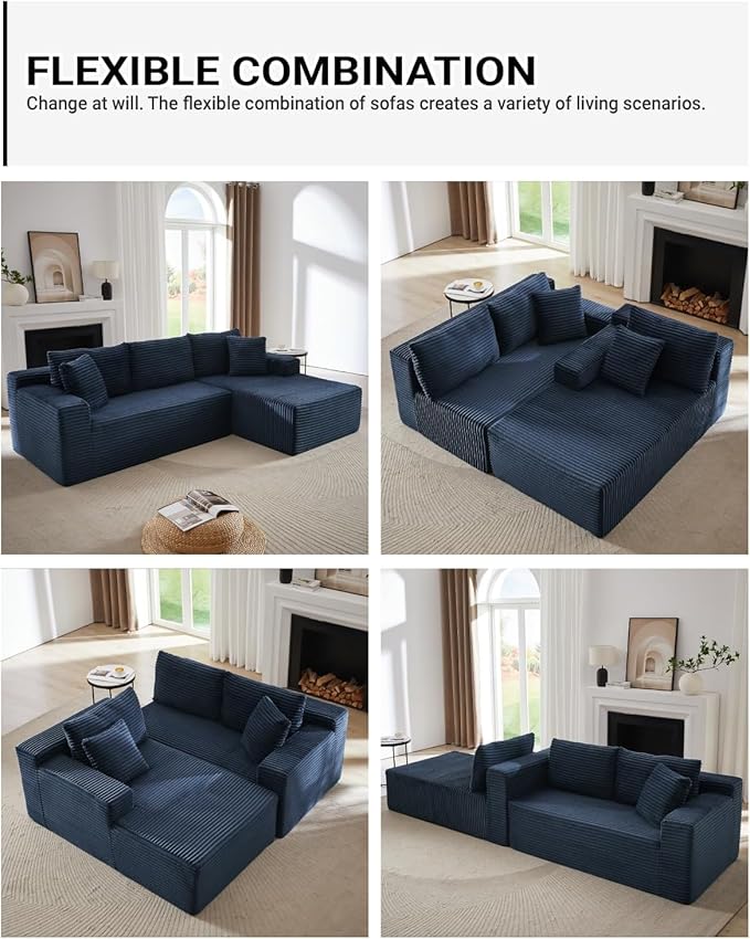 Vanress Cloud Couch Sectional, Corduroy Boneless Couch with L-Shape Chaise, Modern Modular Sectional Sofa Comfy Deep Seat for Living Room, Bedroom, No Assembly (Blue, Left Facing Chaise)