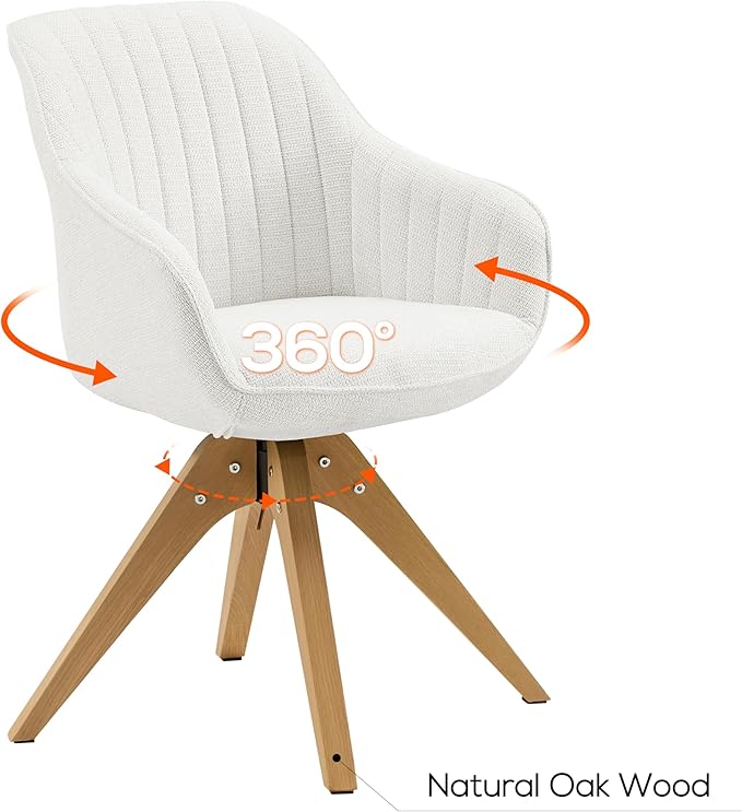 Art Leon Dining Chair, Mid Century Modern Fabric Upholstered Swivel Dining Room Chair with Oak Wood Legs, Leisure Side Chair with Arms for Living Room, Off White