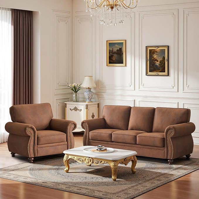 Couchus Living Room Furniture Sets,Sofa Sets and Couch Sets for Living Room,Mid-Century Vintage Sofa Couches with Rivet Design (Caramel, Single+3 Seater)