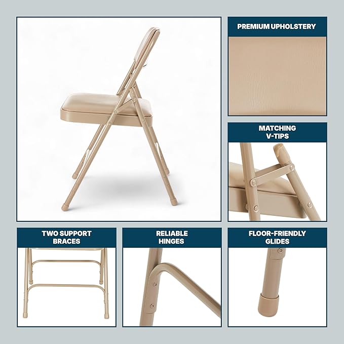 OEF Furnishings OEF1200 Series Premium Heavy Duty Vinyl Padded Folding Chairs, Commercial Grade 500 lb Capacity (4-Pack, French Beige)