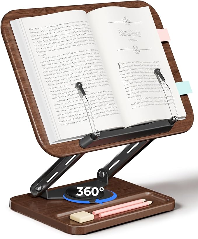 Viozon Book Stand for Reading, Book Holder 360° Rotating Base with Pen Slot, Foldable Reading Display Stand with Elastic Page Clips for Cookbook, Recipe, Textbook, Tablet, Laptop.