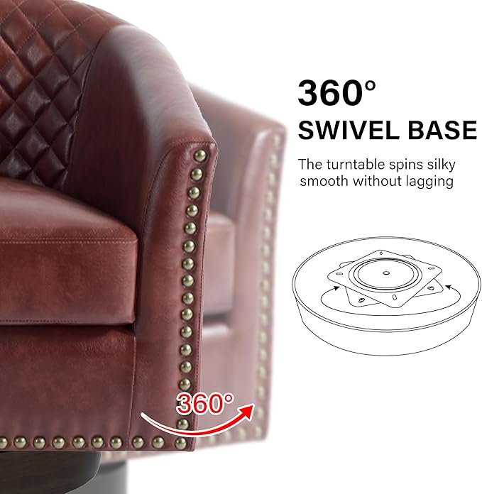 DREAMSIDEA Swivel Barrel Accent Chair, Comfy Modern Upholstered Round Faux Leather Arm Chair for Living Room, Bedroom（Red Brown, Set of 2