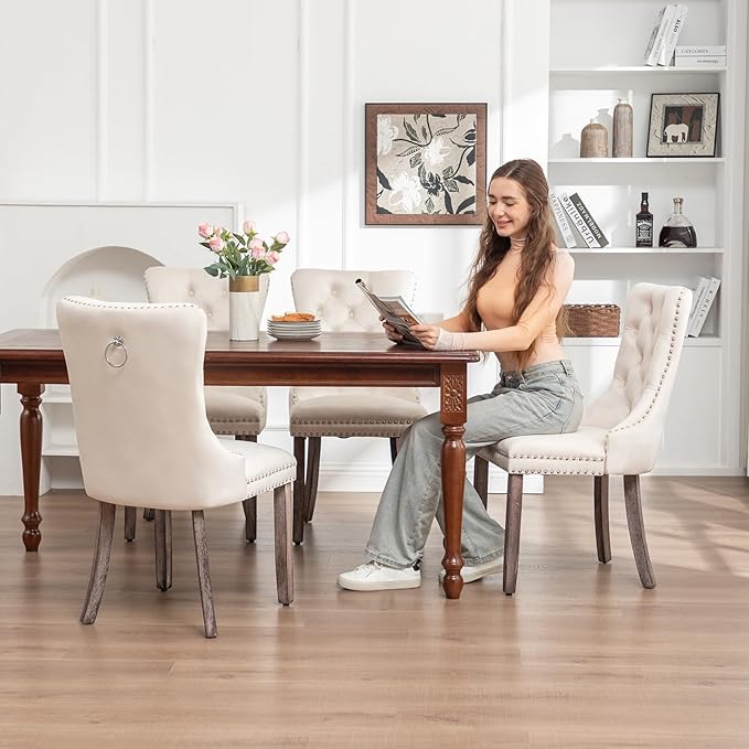Kiztir Velvet Dining Chair Set of 2, Modern Kitchen Chairs with Nailhead Trim, 2 Pieces Upholstered Dining Room Chairs for Living Room, Bedroom (Beige)