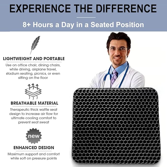 Helishy 20" Gel Seat Cushion for Long Sitting(Jumbo&Thick) – Office Chair Cushion – Wheelchair Cushions for Pressure Sores – Non-Slip Desk Chair Car Seat Cushion Driving – Sciatica & Back Pain Relief