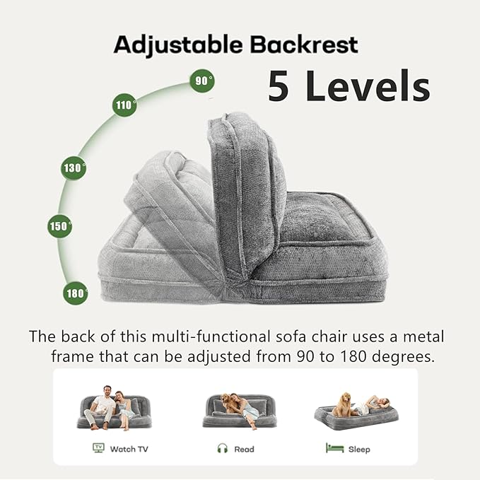 Foldable Lazy Sofa Bed, Chenille Upholstered Human Dog Bed for Adults, 2 in 1 Convertible Floor Sofa with 5 Adjustable Backrest Positions and Soft Cushions for Living Room (Light Gray)