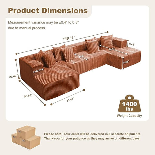 130'' U Shaped Couched for Living Room, Cloud Modular Sectional Couch with 2 Chaise Lounge, Modern Minimalist Upholstered Sofa Sleeper Deep Seat Corner Couch, No Assembly Required Orange Brown