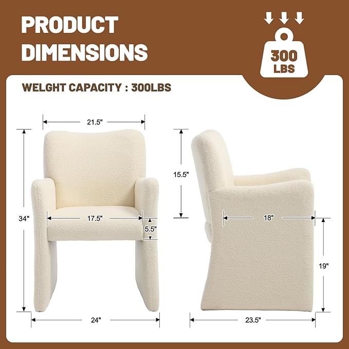 CIMOTA Boucle Dining Chairs Set of 4, Sherpa Upholstered Accent Chairs with Arms/Wood Legs, Comfortable Kitchen Chairs for Living/Reception/Dining Room, Beige