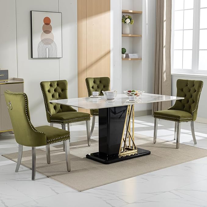 YeahFurn Mid Century Modern Dining Chairs Set of 6, Olive Velvet Upholstered Tufted Back, Kitchen & Dining Room Chairs, Brushed Silver Metal Legs, Nailhead Trim, Sillas para Comedor (Olive, 6 Pcs)