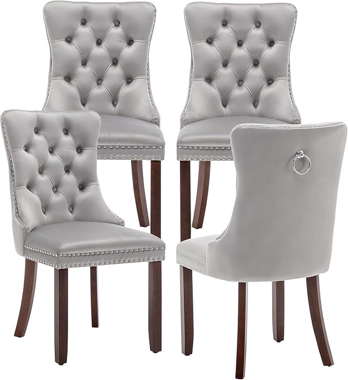 Kiztir Velvet Dining Chairs Set of 4, Upholstered Dining Chairs with Nailhead Trim and Button Back, Luxury Tufted Dining Chair for Living Room, Bedroom, Kitchen (Light Gray)
