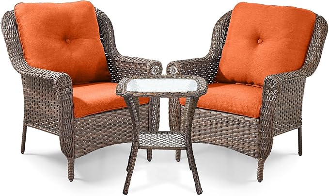 ACTREST 3 Piece Patio Brown Wicker Chairs with Side Table - Outdoor High Back Heavy Duty All-Weather Lawn Dining Rattan Chair Conversation Bistro Set for Deck Porch Balcony Backyard Garden - Orange