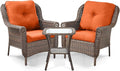 ACTREST 3 Piece Patio Brown Wicker Chairs with Side Table - Outdoor High Back Heavy Duty All-Weather Lawn Dining Rattan Chair Conversation Bistro Set for Deck Porch Balcony Backyard Garden - Orange