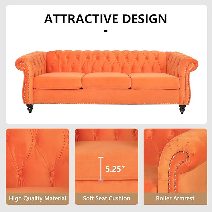 QHITTY Accent Large Sofa, Chesterfield Couch 3 Seater Modern Velvet Couch Upholstered Sofa with Tufted Back for Living Room Furniture (Orange)