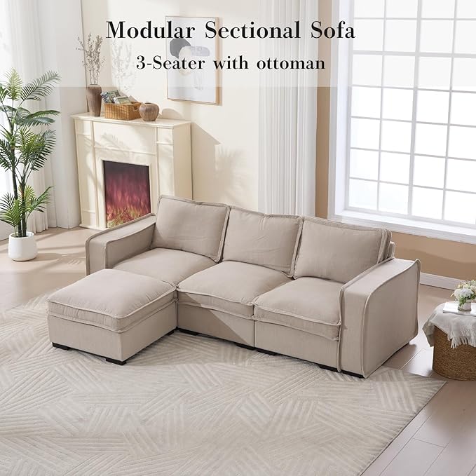 HEAY-YO 93 Inches Modern Modular Sectional Sofa,L Shape 3-Seater Comfy Couch with Moveable Ottoman,Floor Sofa for Living Room Bedroom Apartment,Linen Sand