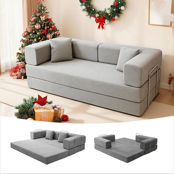 79 Inch Convertible Sofa Bed Couch in Box, 5 in 1 Folding Modular Boneless Couch with Pull Out Bed 2 Pillows, Soft Corduroy Floor Futon Lounge Loveseat Sleeper Lazy Cama No Assembly Light Grey