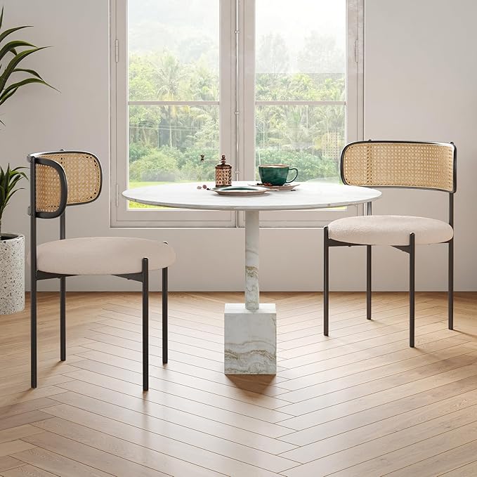 Farini Modern Upholstered Dining Chairs, Set of 2, Rattan Back Kitchen Chairs with Metal Legs, Light Brown