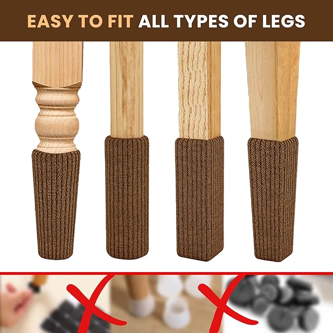 24 Pcs Brown Premium Chair Leg Socks Protectors for Hardwood Floors - Do not Easily Fall Off - Very Easy to Put on - Fits All Leg Shapes - High Elastic Bar Stool Leg Covers - Furniture Pads