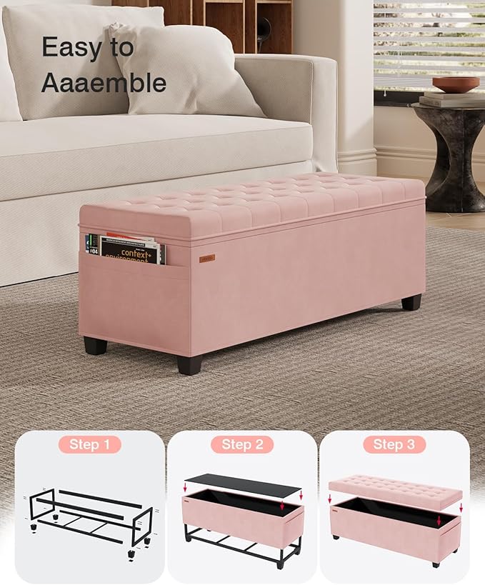 ABHENG Velvet Storage Ottoman Bench, End of Bed Bench with Legs, Large Entryway Bench, Foot Rest Stool, Tea Table for Bedroom, Living Room, Loads 770 lb, 15.7"L x 43"W x 15.7"H, Jelly Pink, UASND62P