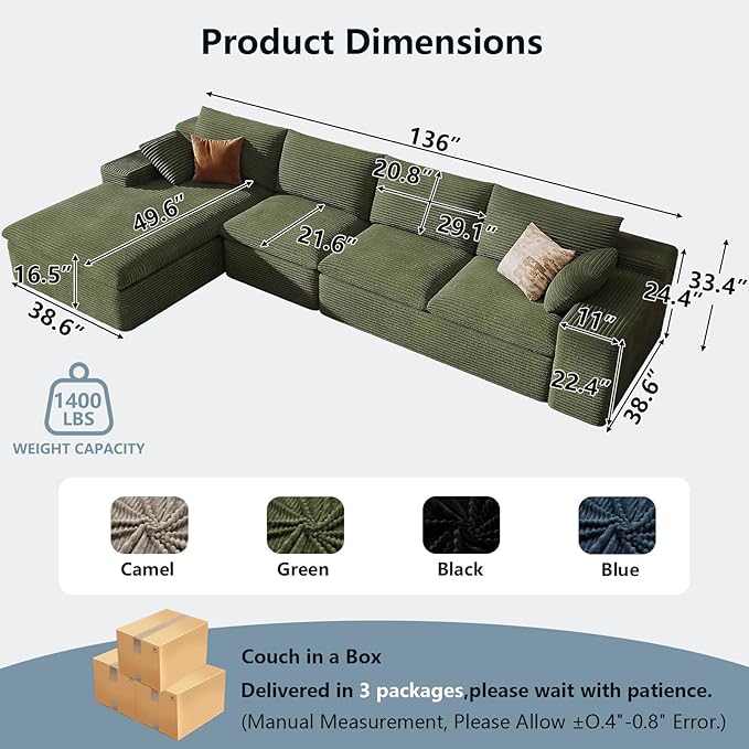136" Cloud Sectional Couch with L-Shape Chaise, Modern Corduroy Viral Boneless Sofa for Living Room,Memory Foam Couches in a Box with Deep Seat,No Assembly Required (Green,Left-Facing Chaise)