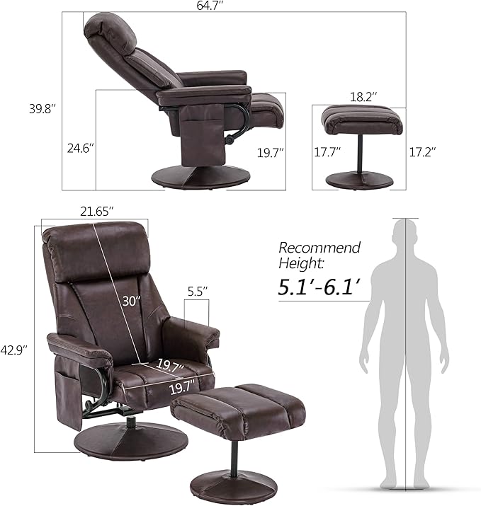 MCombo Swivel Recliner with Ottoman, TV Chair with Vibration Massage, Ideal for RV Small Space, Living Room & Bedroom 4539 4828 (Faux Leather, Dark Brown)