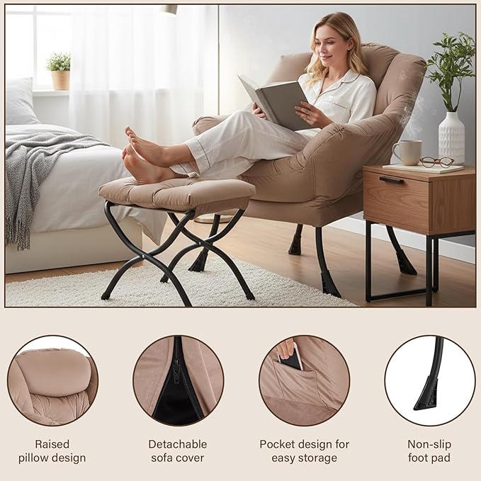 Welnow Lazy Chair with Ottoman, Modern Lounge Accent Chair with Armrests and a Side Pocket, Leisure Sofa Chair Set, Reading Chair with Footrest for Small Space, Corner Chair, Dark Brown