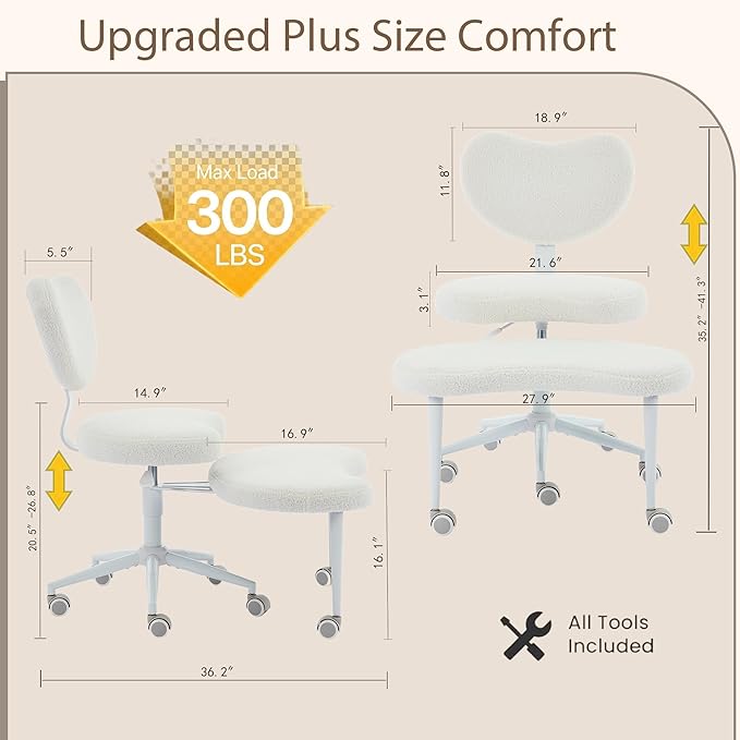 Ergonomic Cross Legged Chair, Meditation Chair Plus with Wheels for ADHD/Fidgety Sitters, Height Adjustable & Lumbar Support, Teddy Fabric, Ivory Home Office Furniture